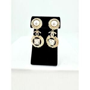 Chanel Modern Pearl and Rhinestone Pendant Statement Pierced Earrings CGHW